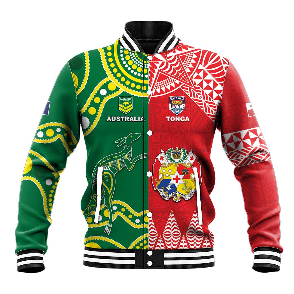 Custom Tonga XIII And Australia Kangaroos Baseball Jacket Mate Maa Tongan Ngatu With Aboriginal LT05 Unisex Red - Polynesian Pride