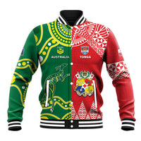 Custom Tonga XIII And Australia Kangaroos Baseball Jacket Mate Maa Tongan Ngatu With Aboriginal LT05 Unisex Red - Polynesian Pride
