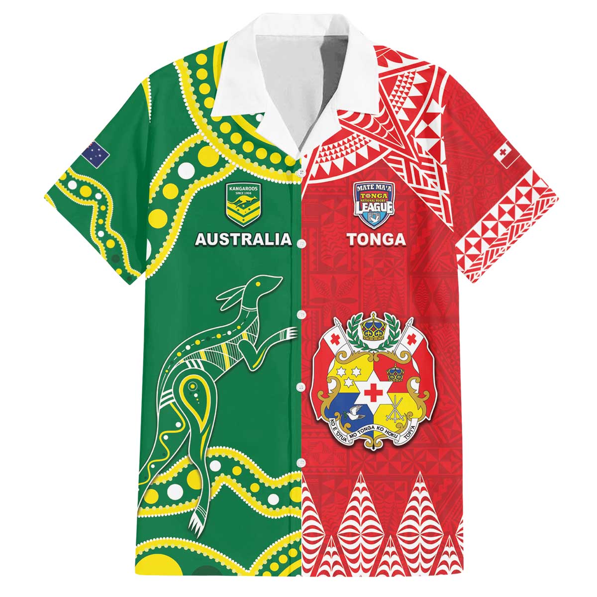 Custom Tonga XIII And Australia Kangaroos Family Matching Off The Shoulder Long Sleeve Dress and Hawaiian Shirt Mate Maa Tongan Ngatu With Aboriginal