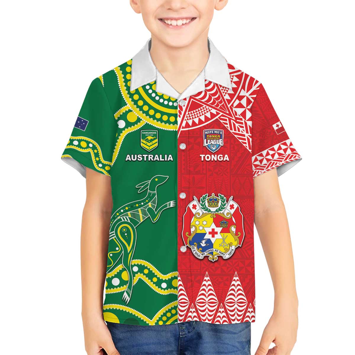 Custom Tonga XIII And Australia Kangaroos Family Matching Off The Shoulder Long Sleeve Dress and Hawaiian Shirt Mate Maa Tongan Ngatu With Aboriginal