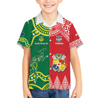 Custom Tonga XIII And Australia Kangaroos Family Matching Short Sleeve Bodycon Dress and Hawaiian Shirt Mate Maa Tongan Ngatu With Aboriginal