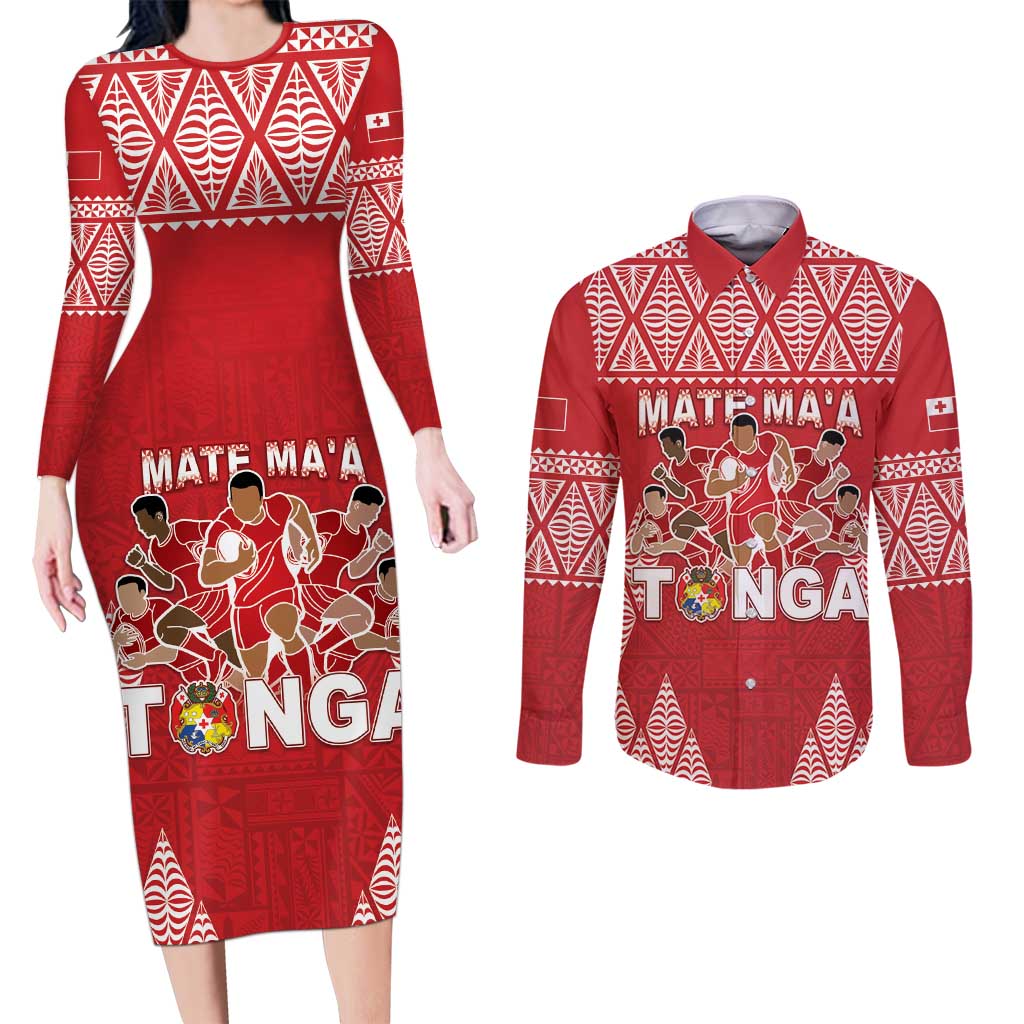 Custom Tonga Rugby Couples Matching Long Sleeve Bodycon Dress and Long Sleeve Button Shirt Tonga Mate Ma'a Take The Lead