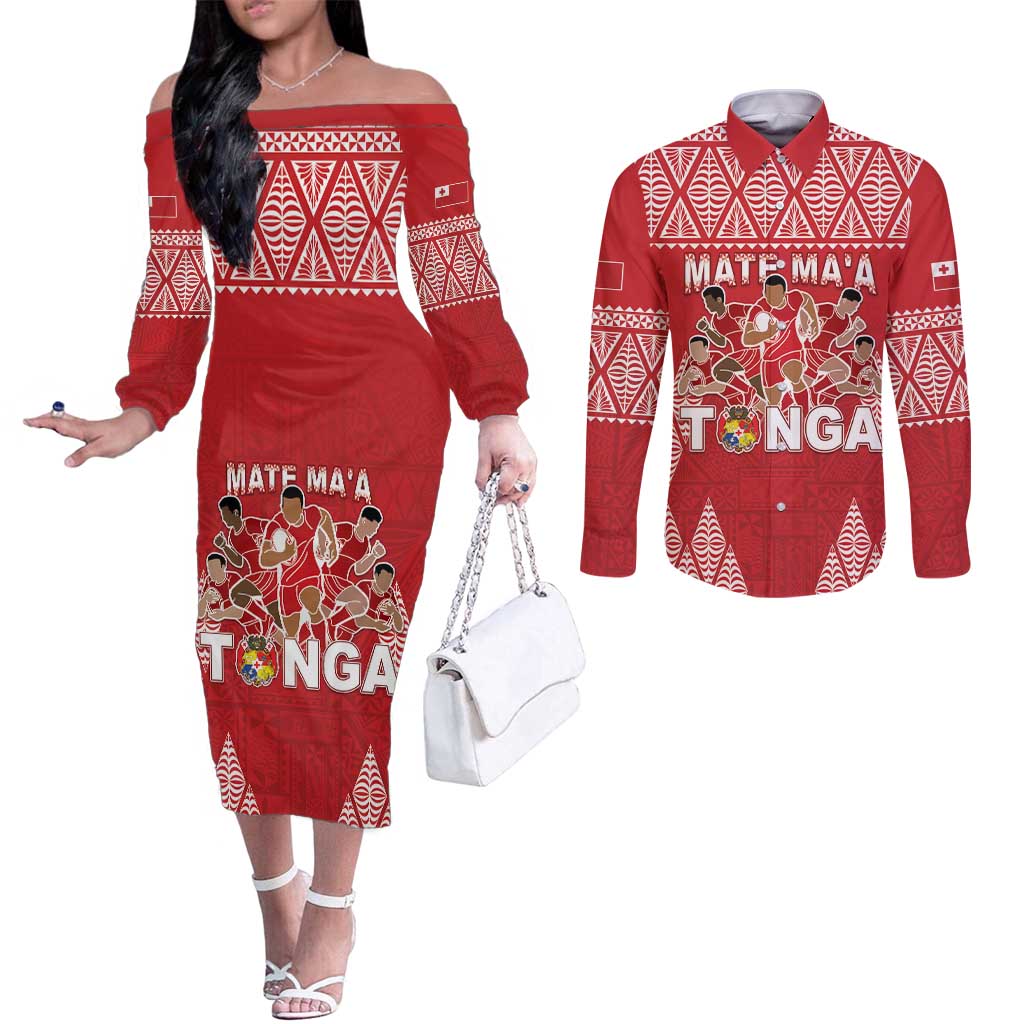 Custom Tonga Rugby Couples Matching Off The Shoulder Long Sleeve Dress and Long Sleeve Button Shirt Tonga Mate Ma'a Take The Lead
