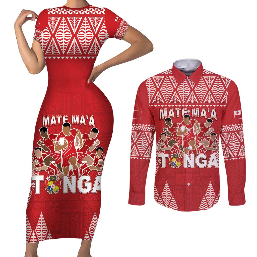 Custom Tonga Rugby Couples Matching Short Sleeve Bodycon Dress and Long Sleeve Button Shirt Tonga Mate Ma'a Take The Lead