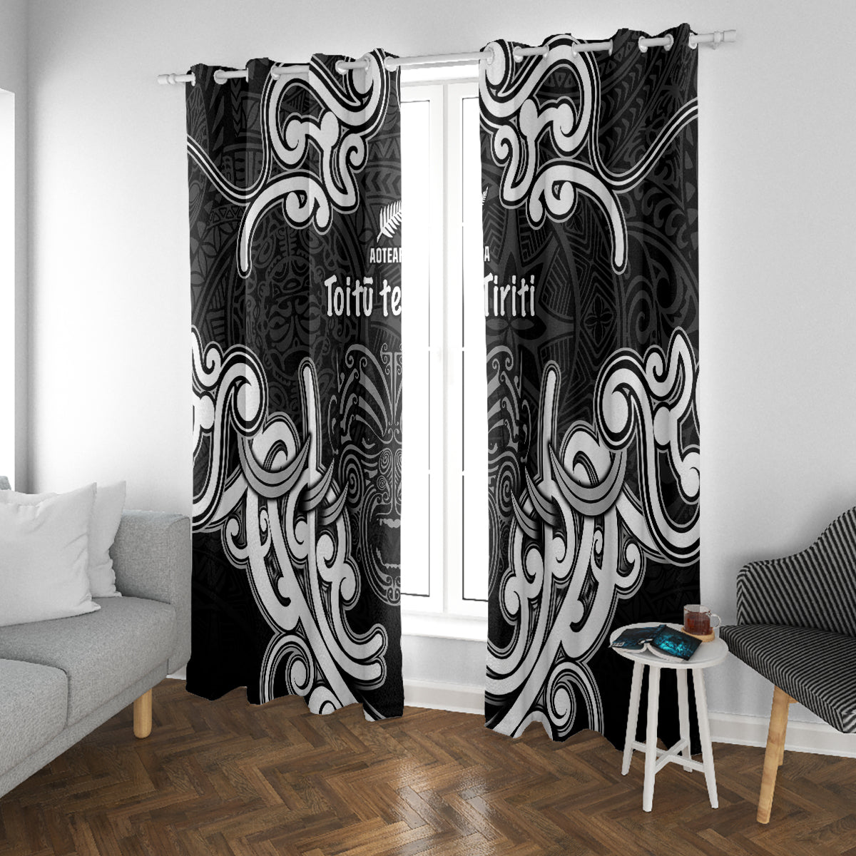 Aotearoa Window Curtain Toitu Te Tiriti O Waitangi LT05 With Grommets Black - Polynesian Pride