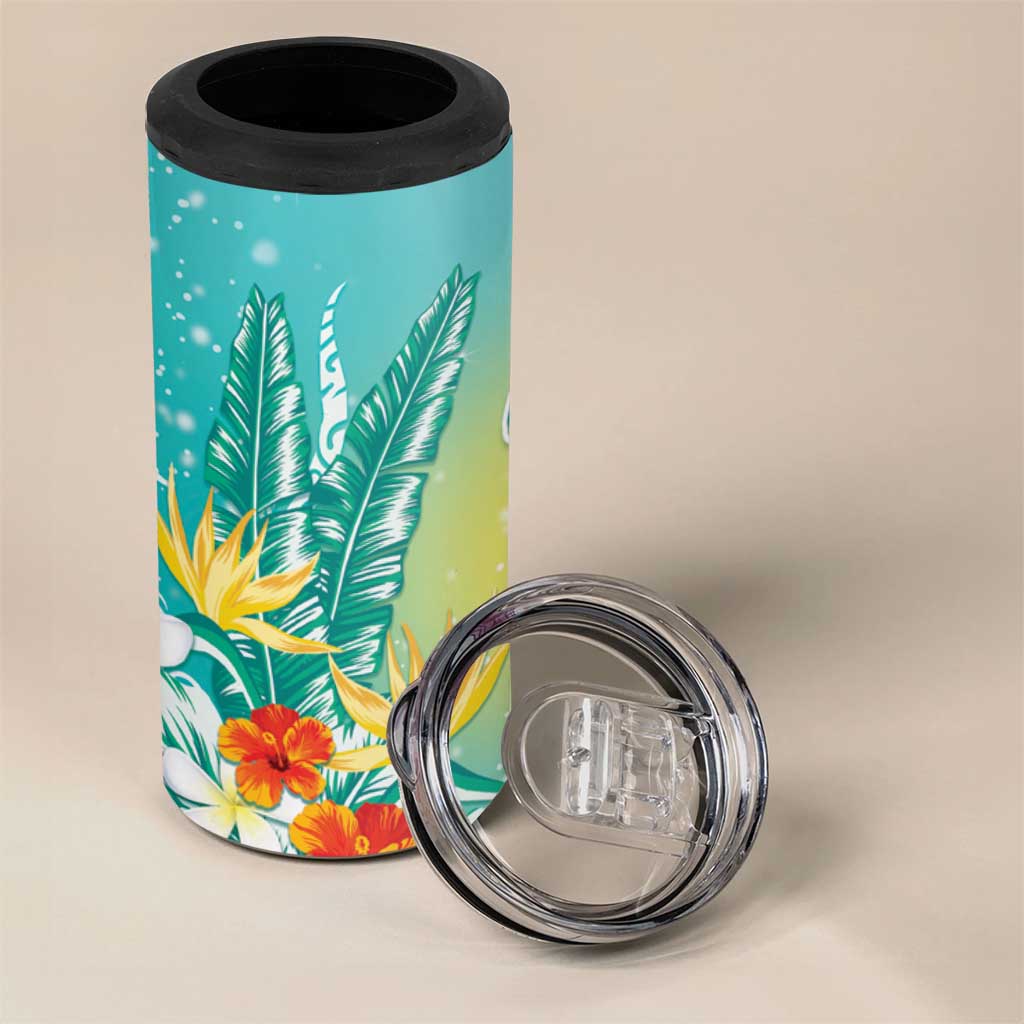 Hawaii Honu 4 in 1 Can Cooler Tumbler Tropical Flowers Turquoise Gradient