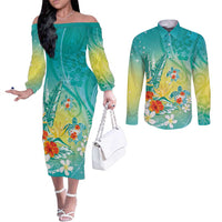 Hawaii Honu Couples Matching Off The Shoulder Long Sleeve Dress and Long Sleeve Button Shirt Tropical Flowers Turquoise Gradient LT05 Turquoise - Polynesian Pride