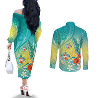 Hawaii Honu Couples Matching Off The Shoulder Long Sleeve Dress and Long Sleeve Button Shirt Tropical Flowers Turquoise Gradient LT05 - Polynesian Pride