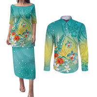 Hawaii Honu Couples Matching Puletasi and Long Sleeve Button Shirt Tropical Flowers Turquoise Gradient LT05 Turquoise - Polynesian Pride