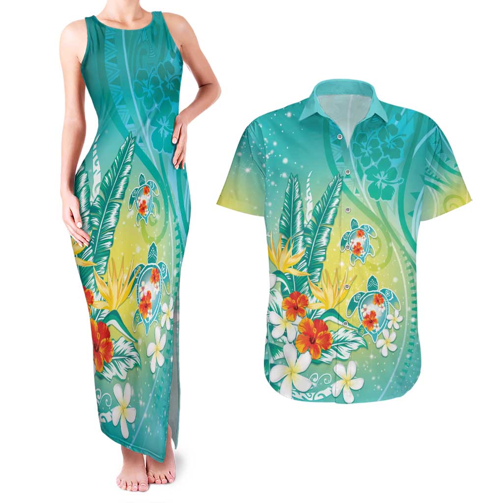 Hawaii Honu Couples Matching Tank Maxi Dress and Hawaiian Shirt Tropical Flowers Turquoise Gradient