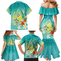 Hawaii Honu Family Matching Mermaid Dress and Hawaiian Shirt Tropical Flowers Turquoise Gradient
