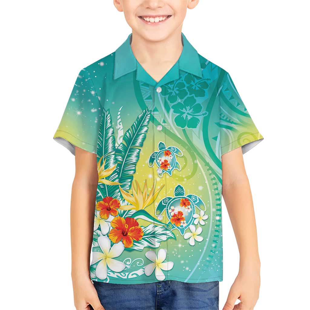 Hawaii Honu Family Matching Off Shoulder Maxi Dress and Hawaiian Shirt Tropical Flowers Turquoise Gradient