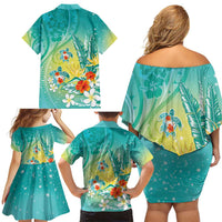Hawaii Honu Family Matching Off Shoulder Short Dress and Hawaiian Shirt Tropical Flowers Turquoise Gradient