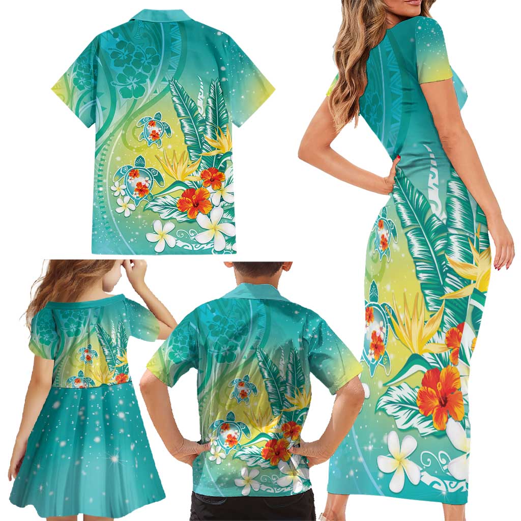 Hawaii Honu Family Matching Short Sleeve Bodycon Dress and Hawaiian Shirt Tropical Flowers Turquoise Gradient