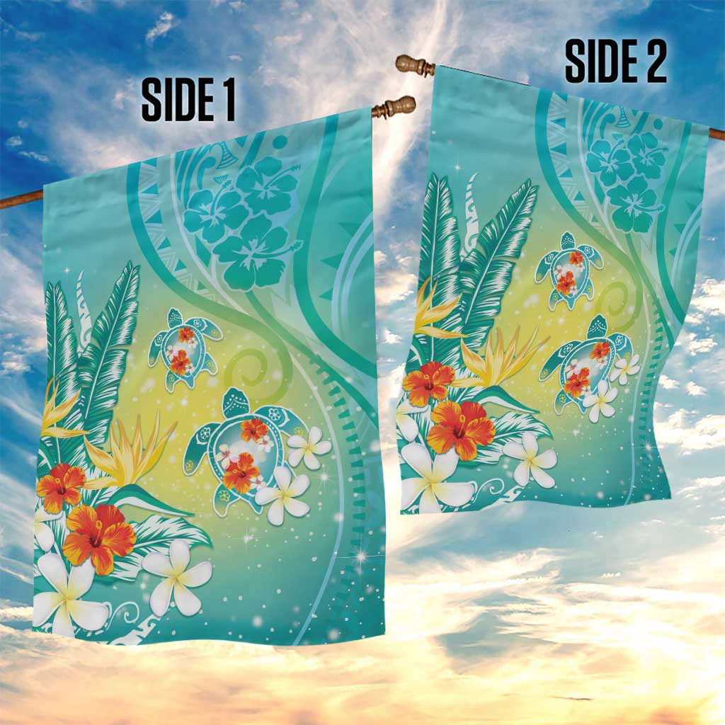 Hawaii Honu Garden Flag Tropical Flowers Turquoise Gradient