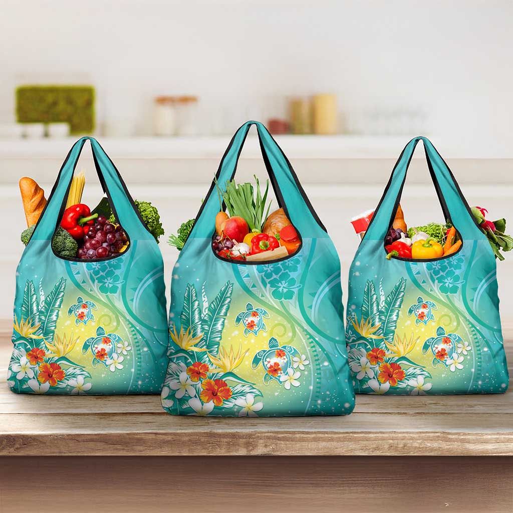 Hawaii Honu Grocery Bag Tropical Flowers Turquoise Gradient