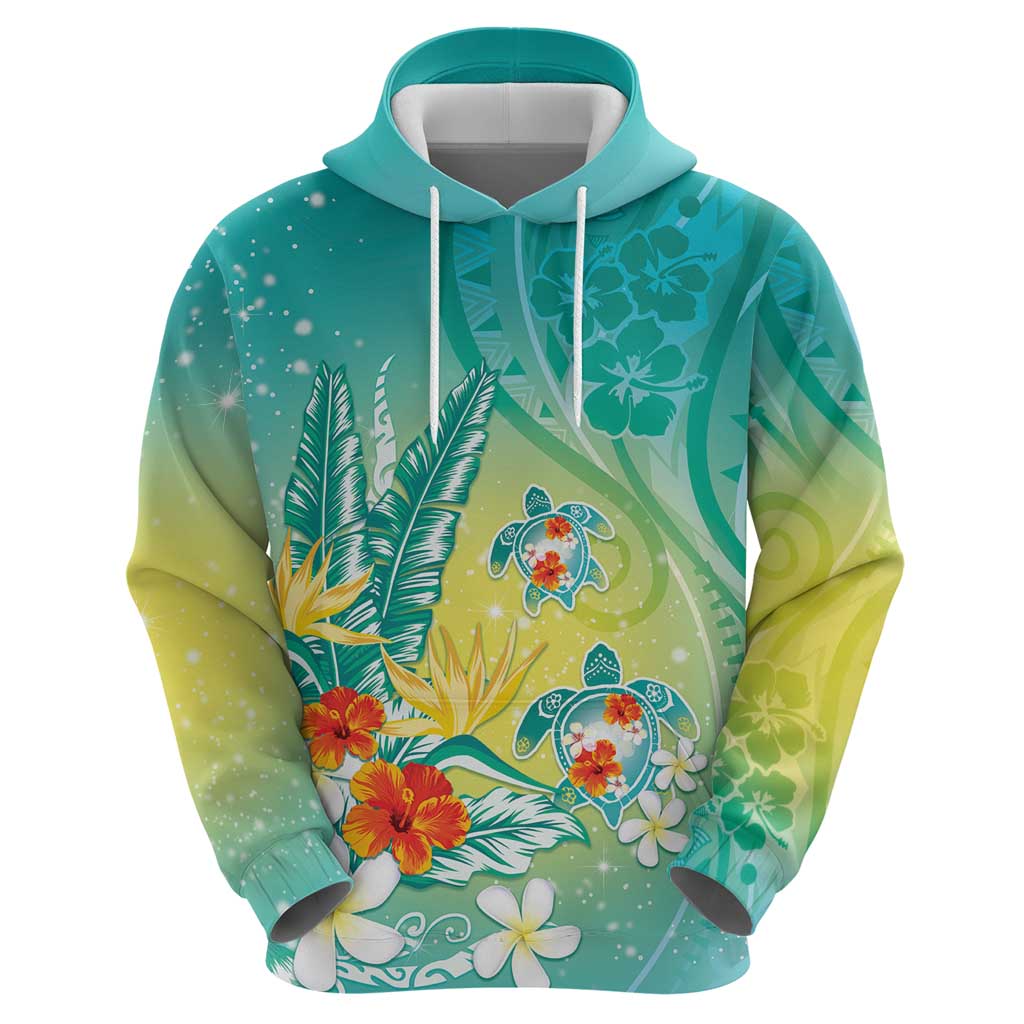 Hawaii Honu Hoodie Tropical Flowers Turquoise Gradient