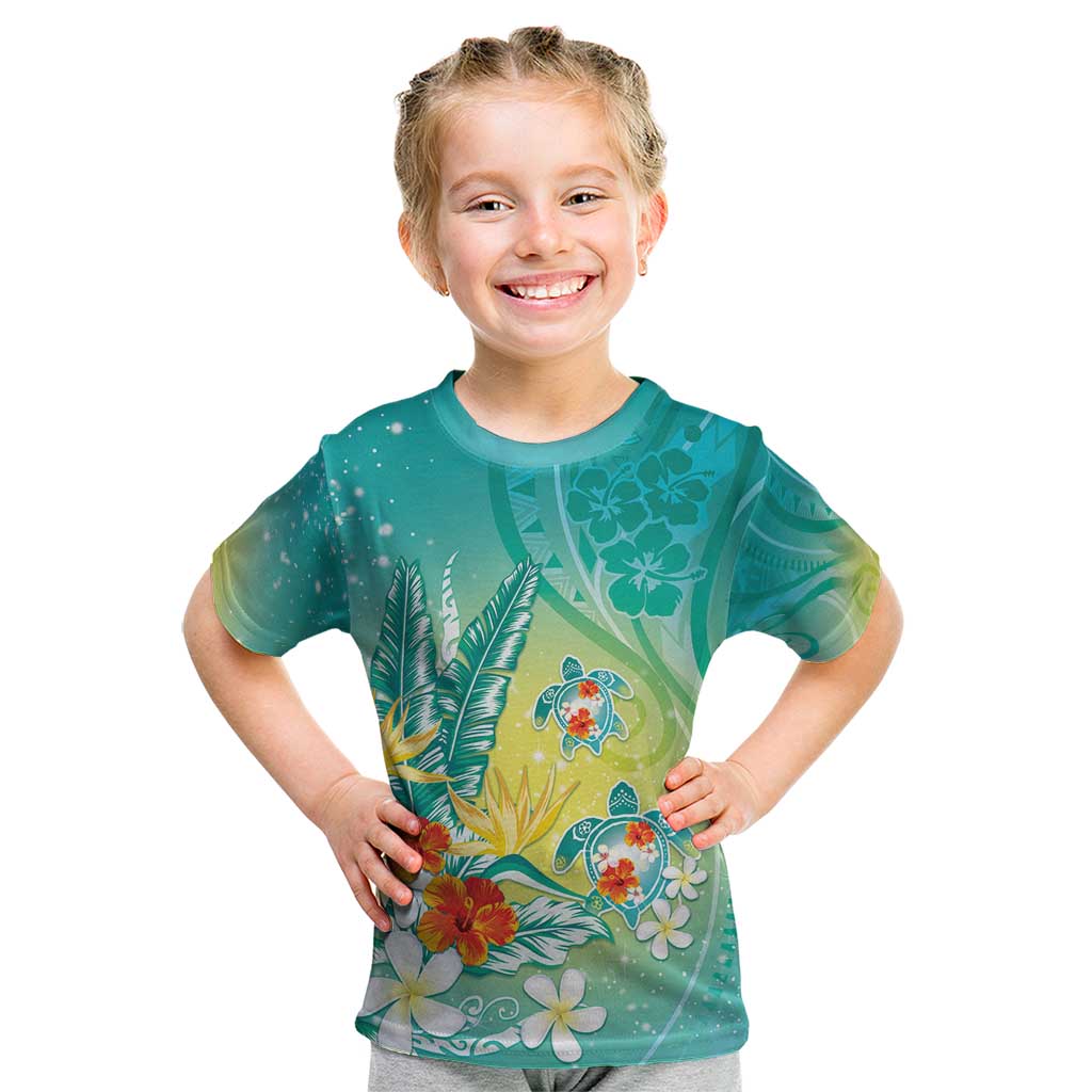 Hawaii Honu Kid T Shirt Tropical Flowers Turquoise Gradient