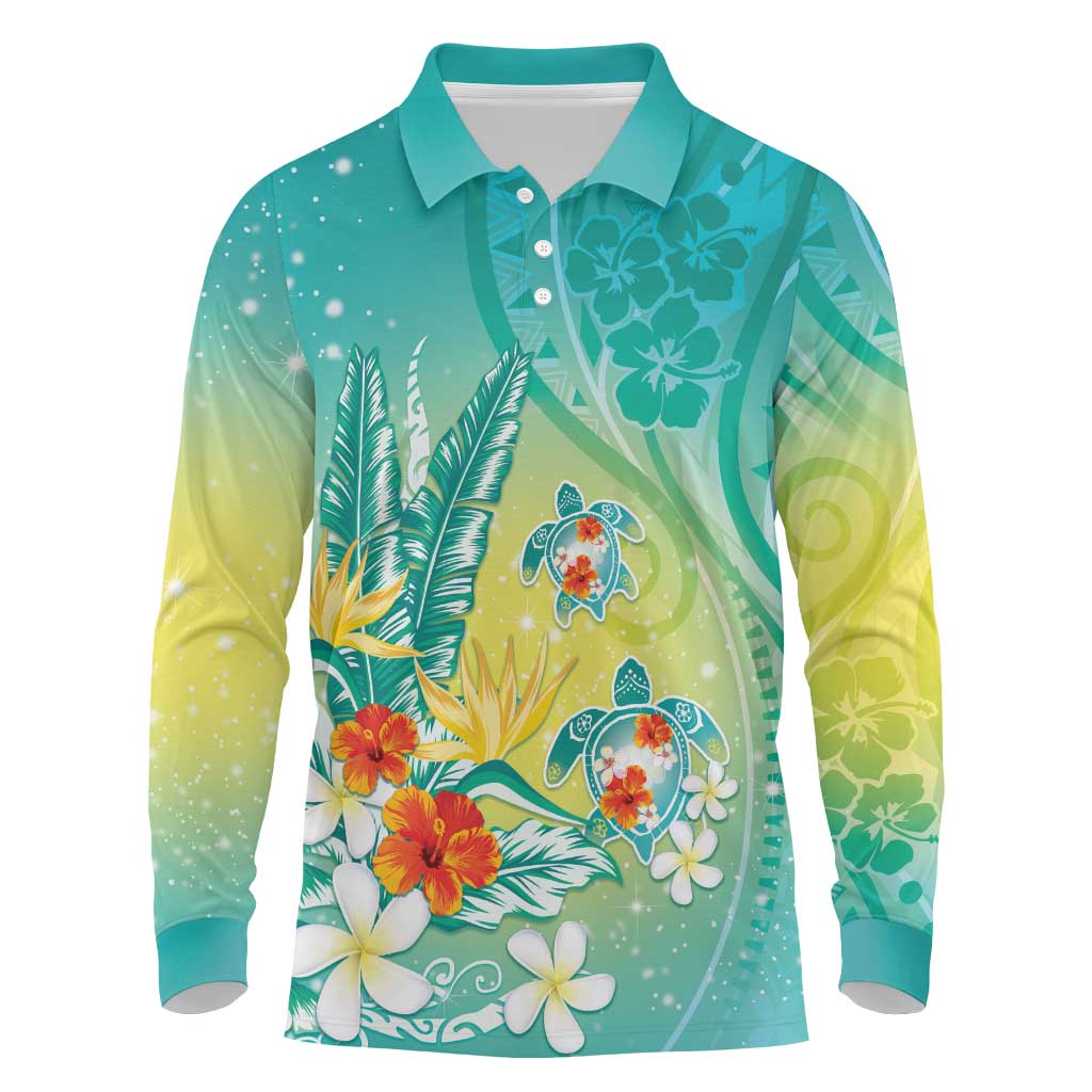 Hawaii Honu Long Sleeve Polo Shirt Tropical Flowers Turquoise Gradient LT05 Turquoise - Polynesian Pride