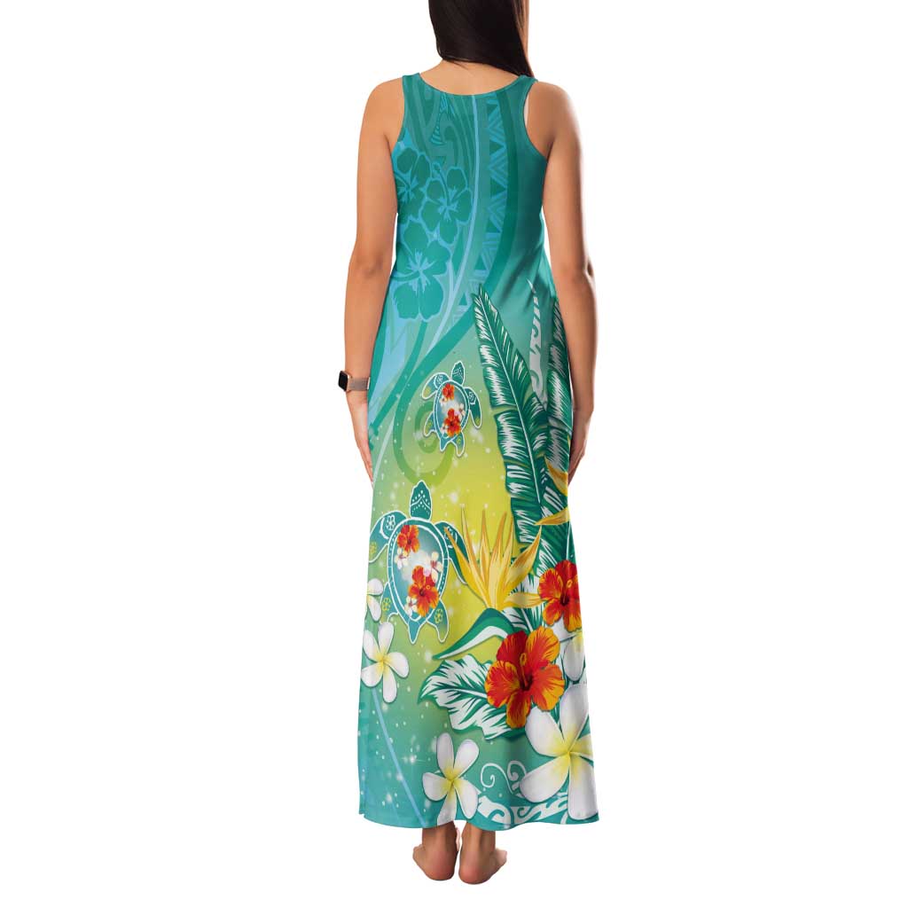 Hawaii Honu Tank Maxi Dress Tropical Flowers Turquoise Gradient