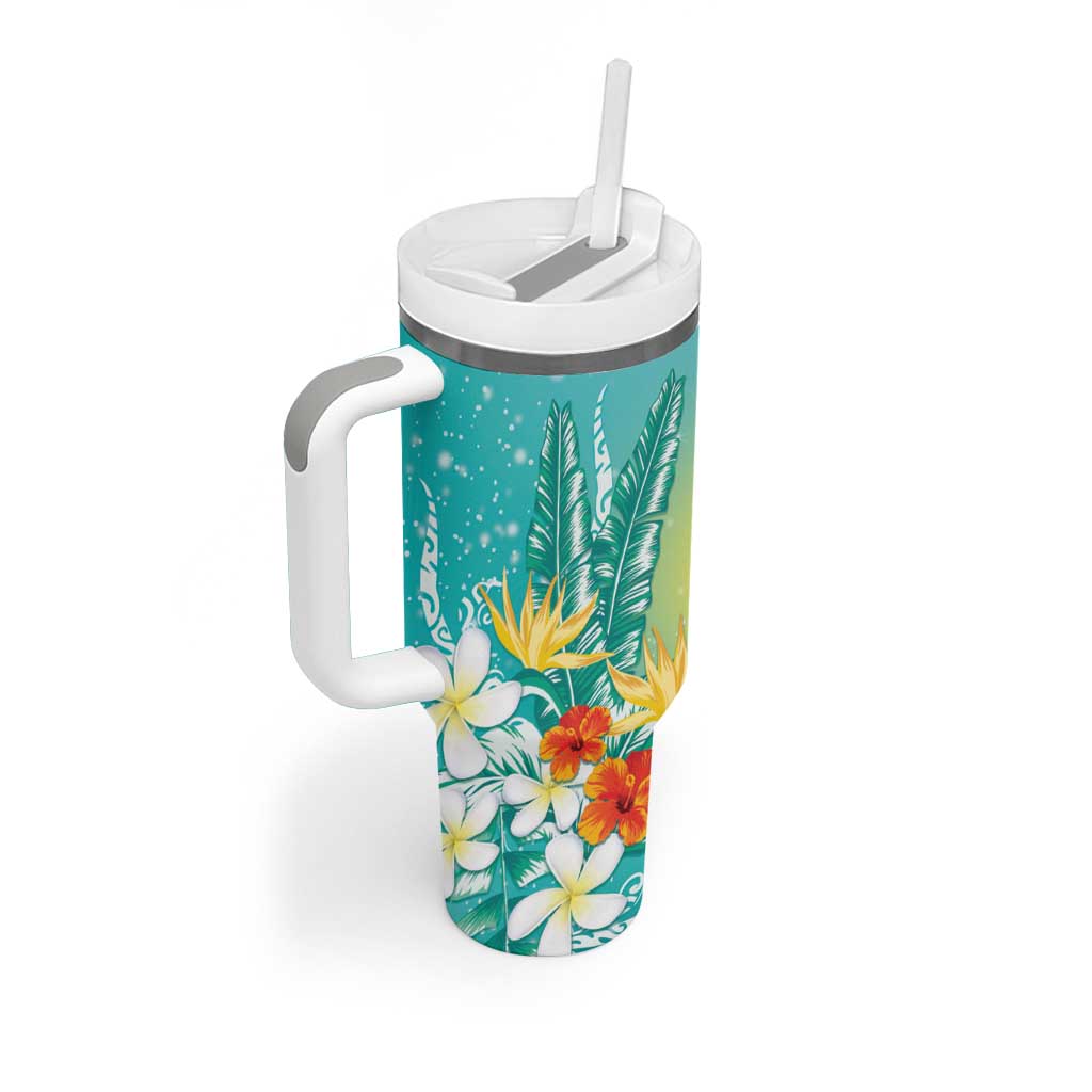 Hawaii Honu Tumbler With Handle Tropical Flowers Turquoise Gradient