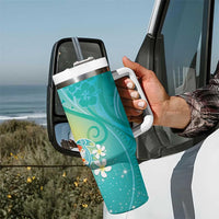 Hawaii Honu Tumbler With Handle Tropical Flowers Turquoise Gradient