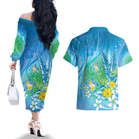 Hawaii Honu Couples Matching Off The Shoulder Long Sleeve Dress and Hawaiian Shirt Tropical Flowers Blue Gradient