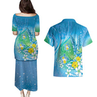 Hawaii Honu Couples Matching Puletasi and Hawaiian Shirt Tropical Flowers Blue Gradient