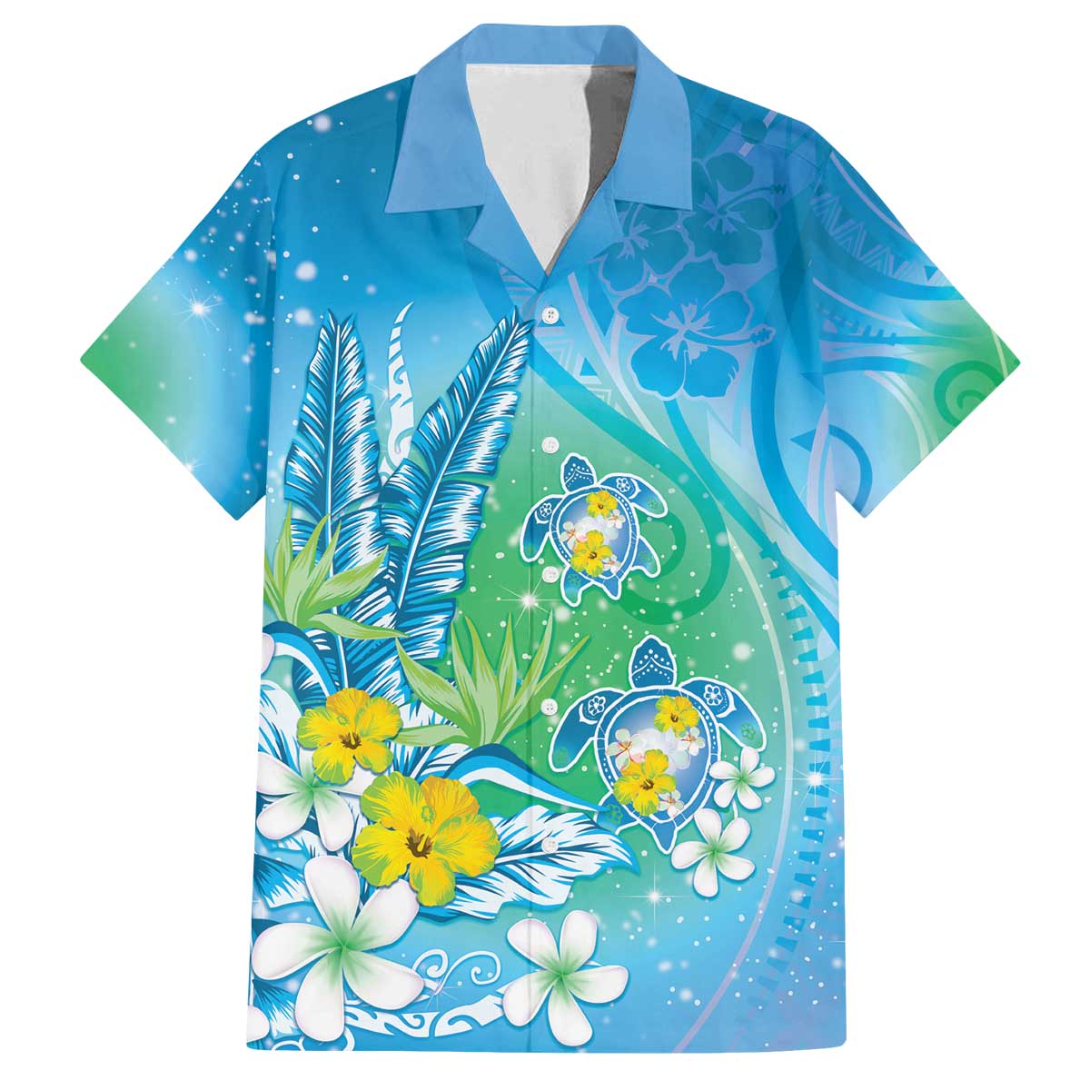 Hawaii Honu Family Matching Off The Shoulder Long Sleeve Dress and Hawaiian Shirt Tropical Flowers Blue Gradient