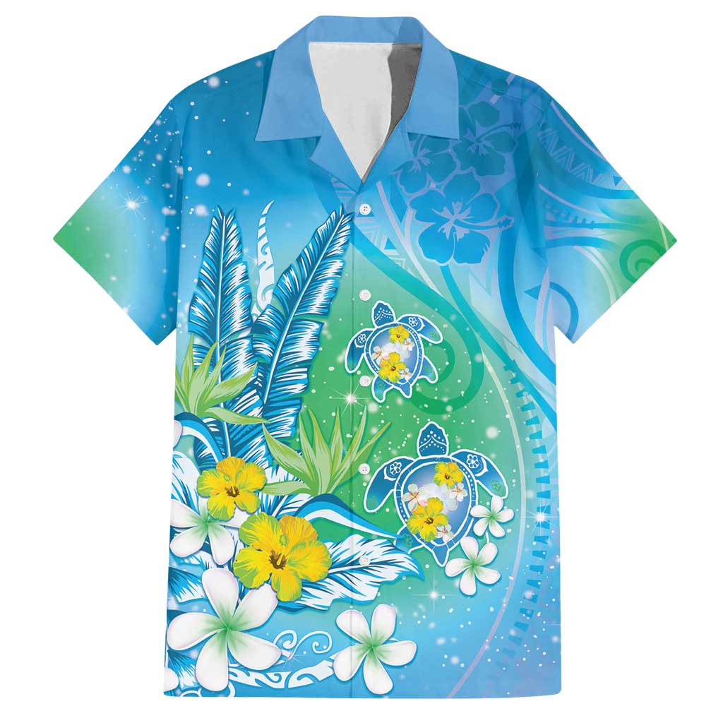 Hawaii Honu Family Matching Puletasi and Hawaiian Shirt Tropical Flowers Blue Gradient