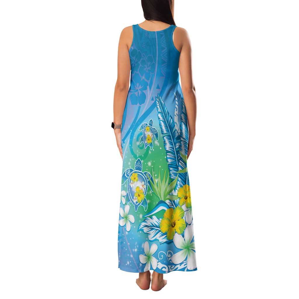 Hawaii Honu Family Matching Tank Maxi Dress and Hawaiian Shirt Tropical Flowers Blue Gradient