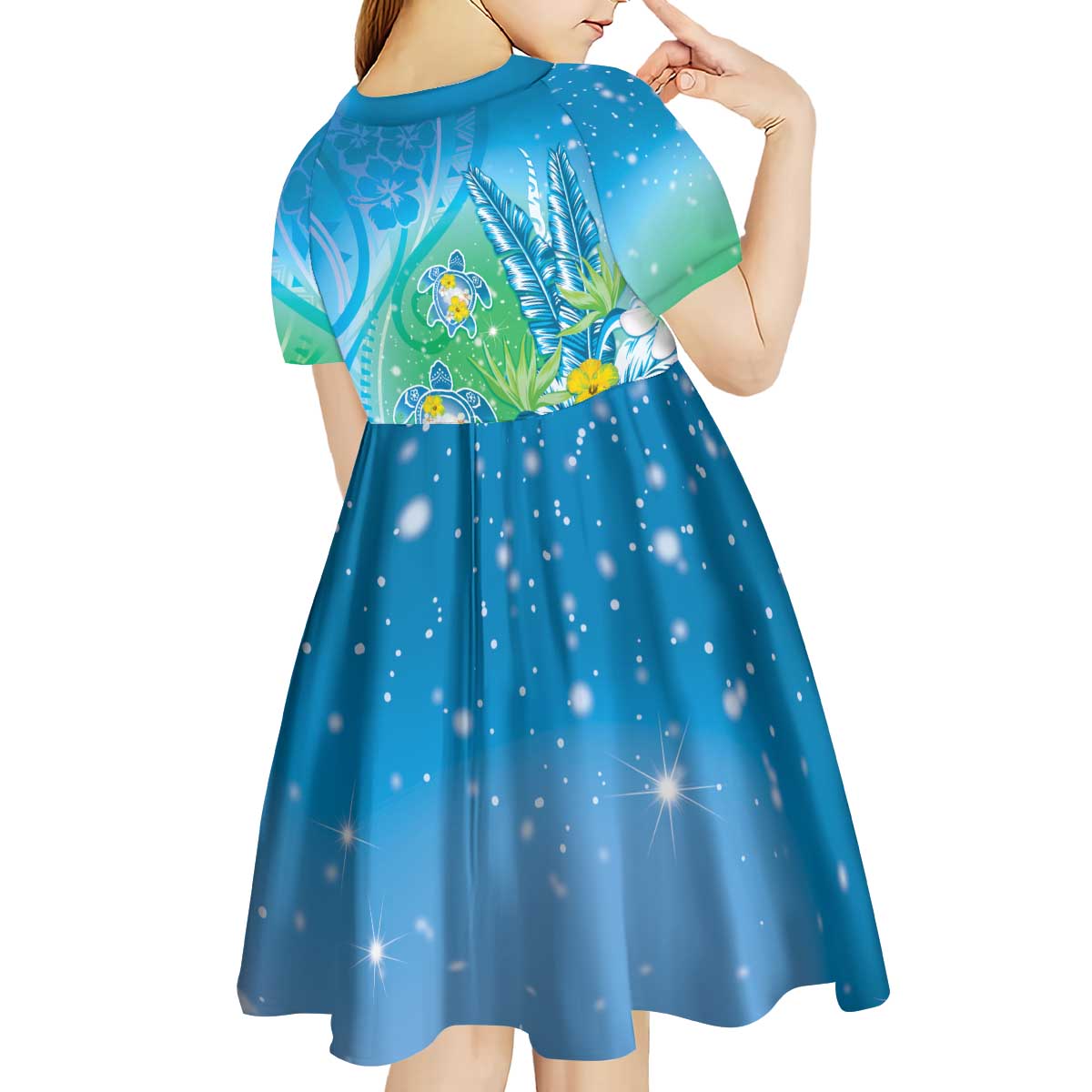 Hawaii Honu Kid Short Sleeve Dress Tropical Flowers Blue Gradient