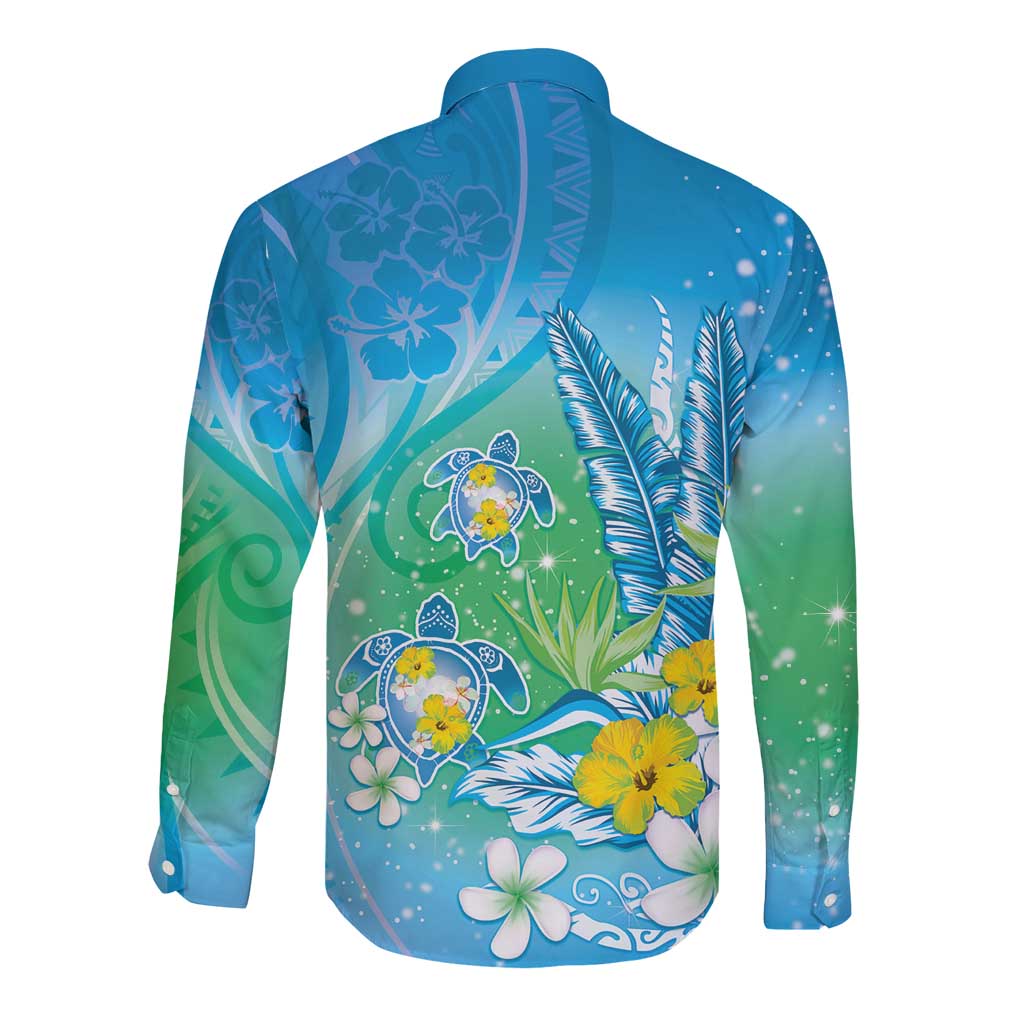 Hawaii Honu Long Sleeve Button Shirt Tropical Flowers Blue Gradient