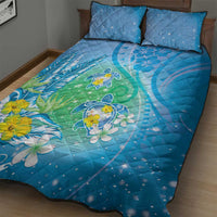 Hawaii Honu Quilt Bed Set Tropical Flowers Blue Gradient