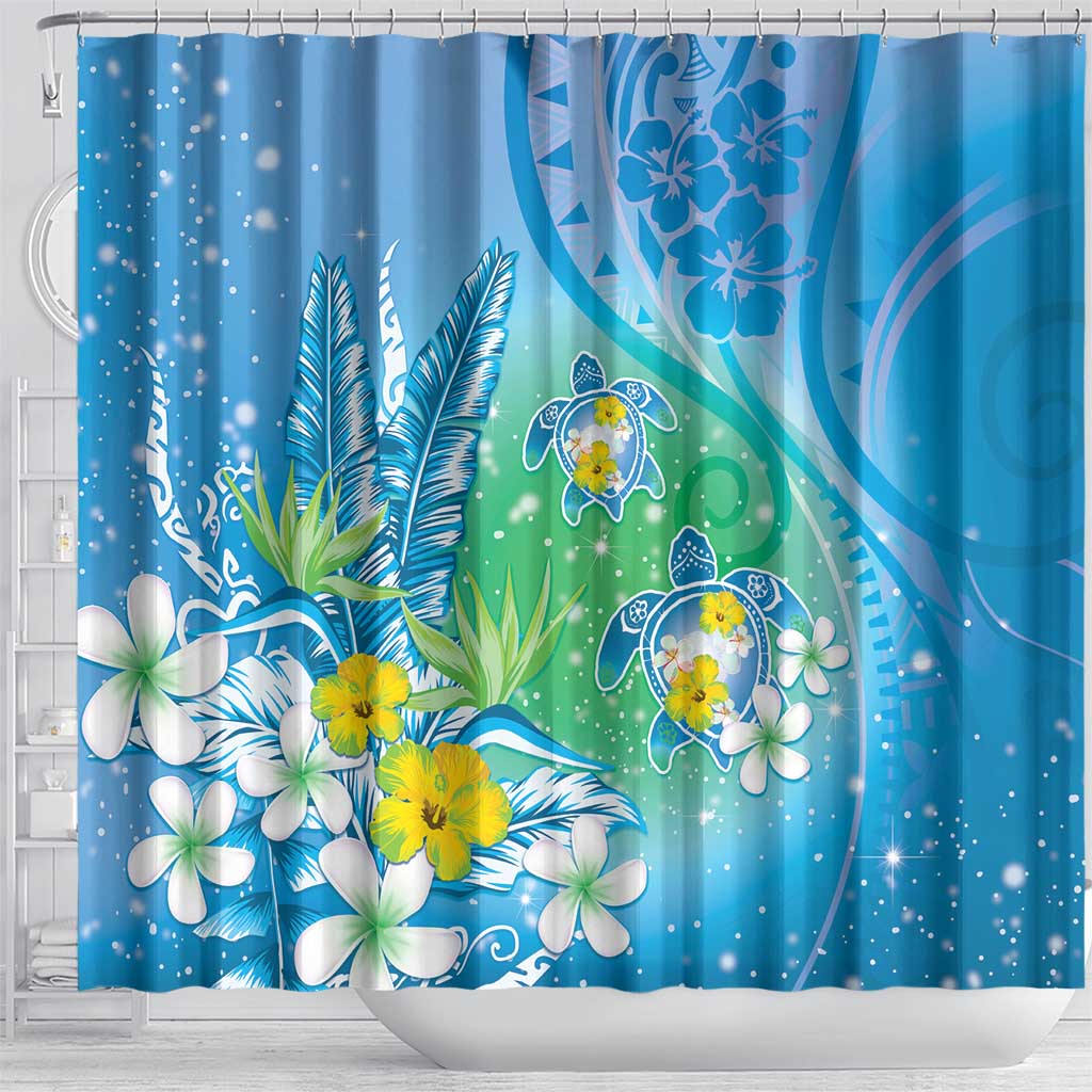 Hawaii Honu Shower Curtain Tropical Flowers Blue Gradient