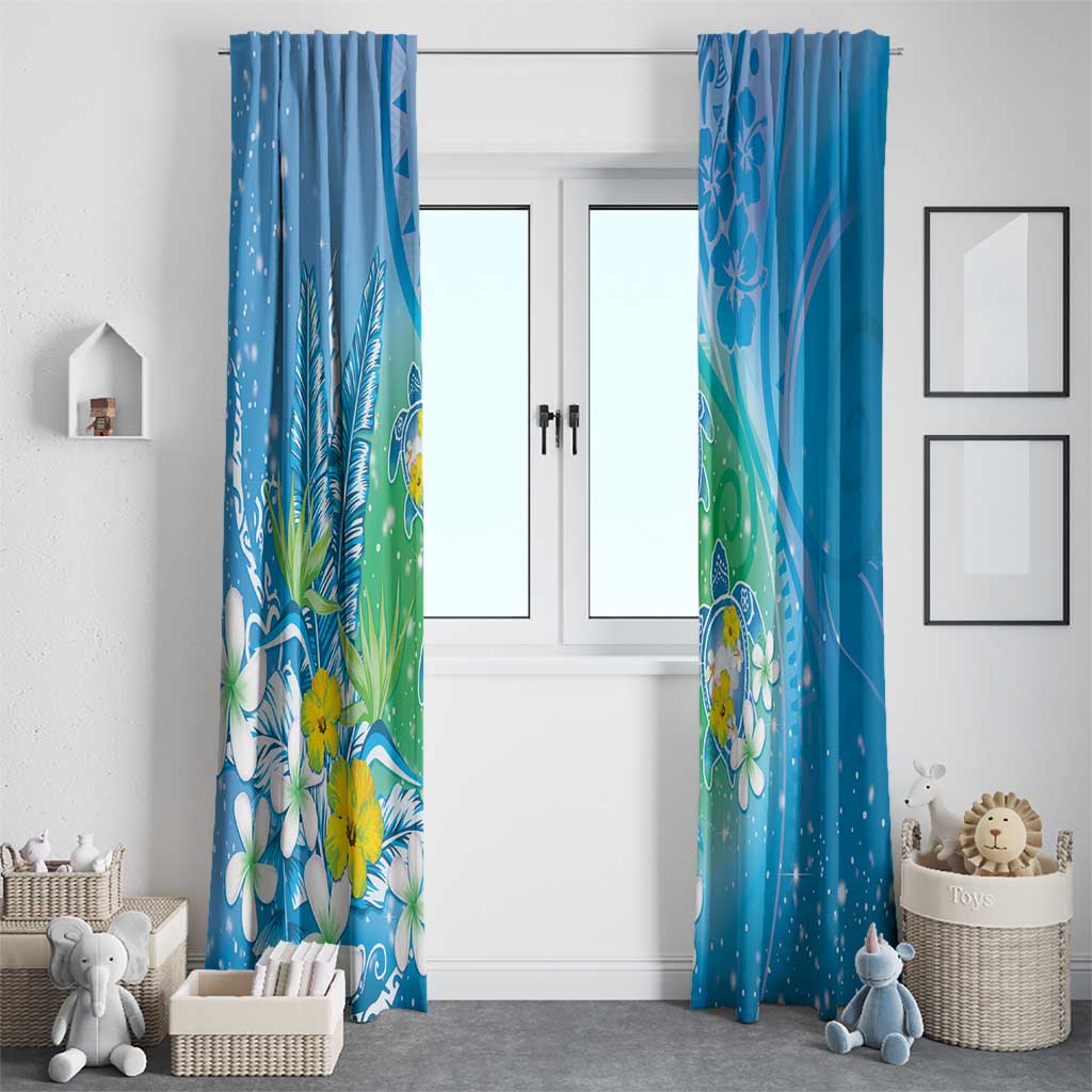 Hawaii Honu Window Curtain Tropical Flowers Blue Gradient