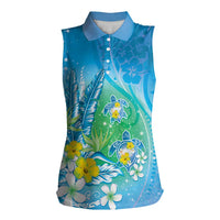 Hawaii Honu Women Sleeveless Polo Shirt Tropical Flowers Blue Gradient LT05 Female Blue - Polynesian Pride