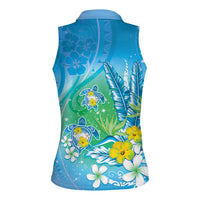 Hawaii Honu Women Sleeveless Polo Shirt Tropical Flowers Blue Gradient LT05 - Polynesian Pride