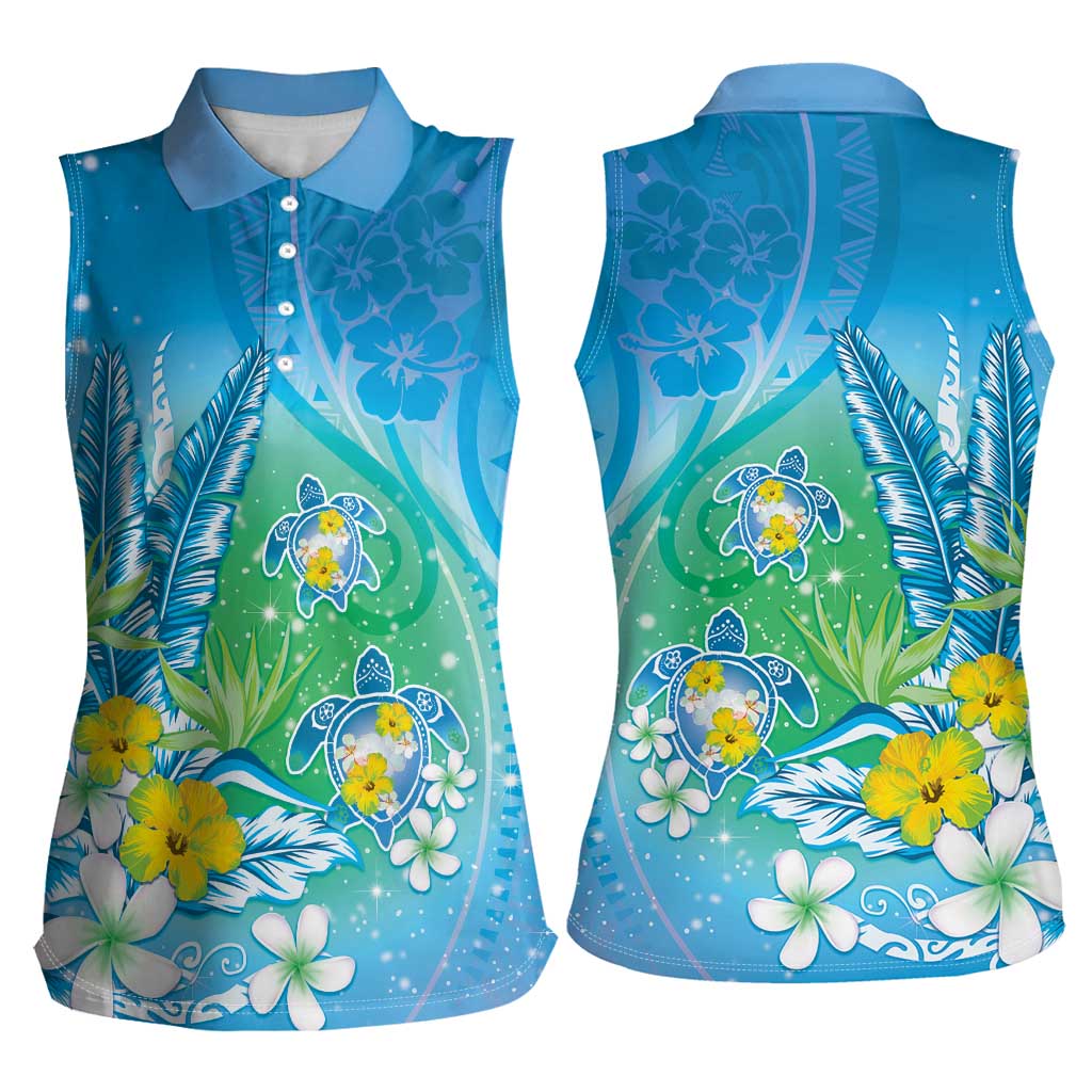 Hawaii Honu Women Sleeveless Polo Shirt Tropical Flowers Blue Gradient LT05 - Polynesian Pride