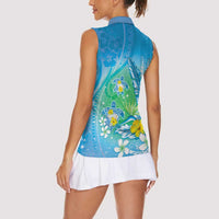 Hawaii Honu Women Sleeveless Polo Shirt Tropical Flowers Blue Gradient LT05 - Polynesian Pride