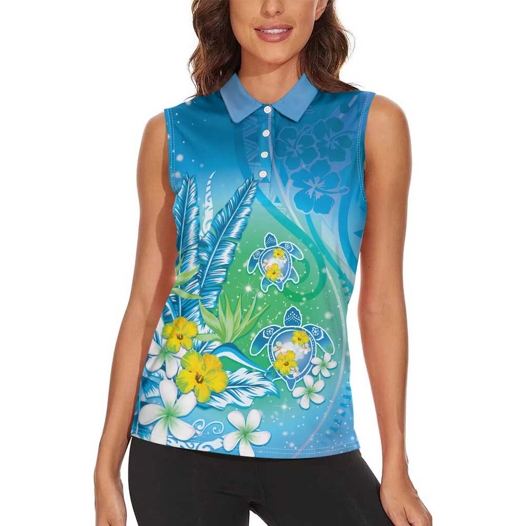 Hawaii Honu Women Sleeveless Polo Shirt Tropical Flowers Blue Gradient LT05 - Polynesian Pride