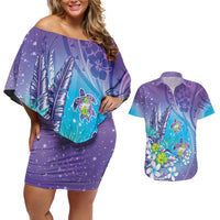 Hawaii Honu Couples Matching Off Shoulder Short Dress and Hawaiian Shirt Tropical Flowers Purple Gradient