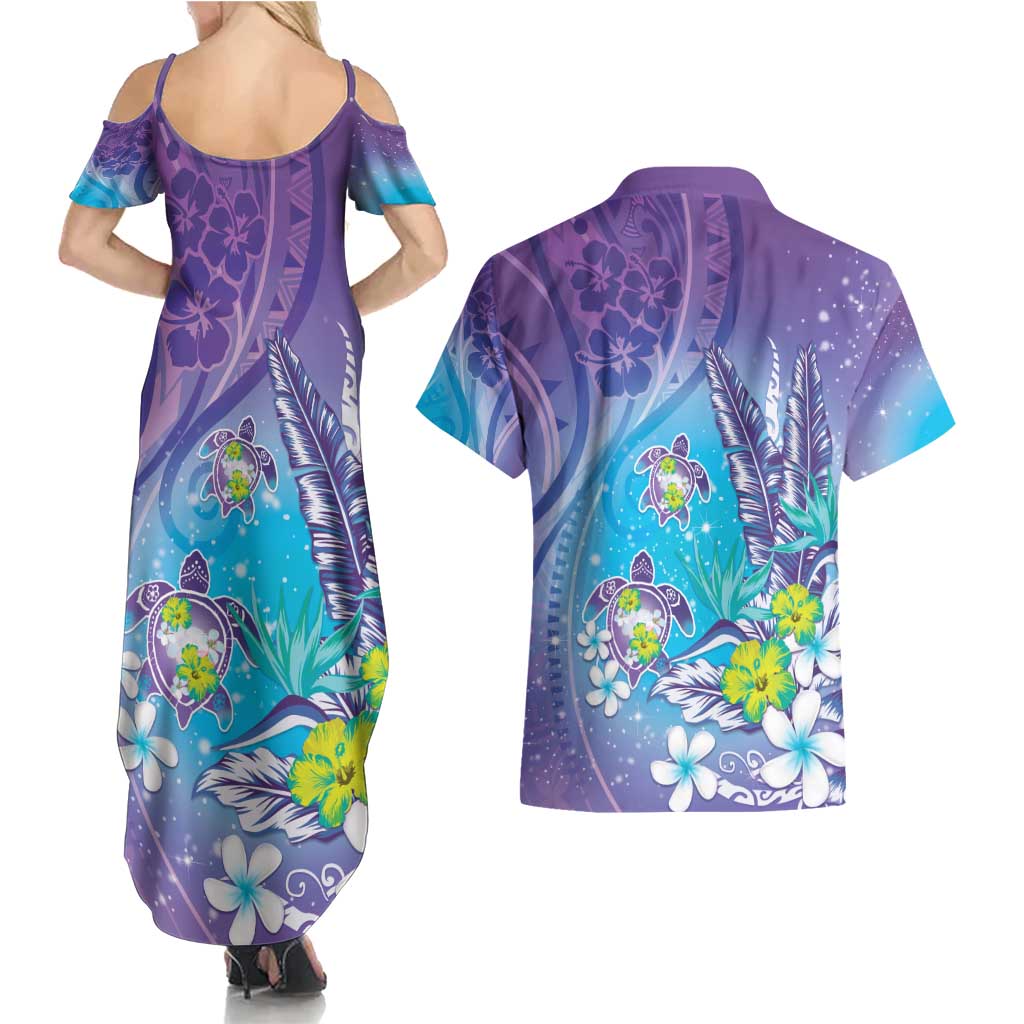 Hawaii Honu Couples Matching Summer Maxi Dress and Hawaiian Shirt Tropical Flowers Purple Gradient