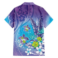 Hawaii Honu Family Matching Off Shoulder Short Dress and Hawaiian Shirt Tropical Flowers Purple Gradient