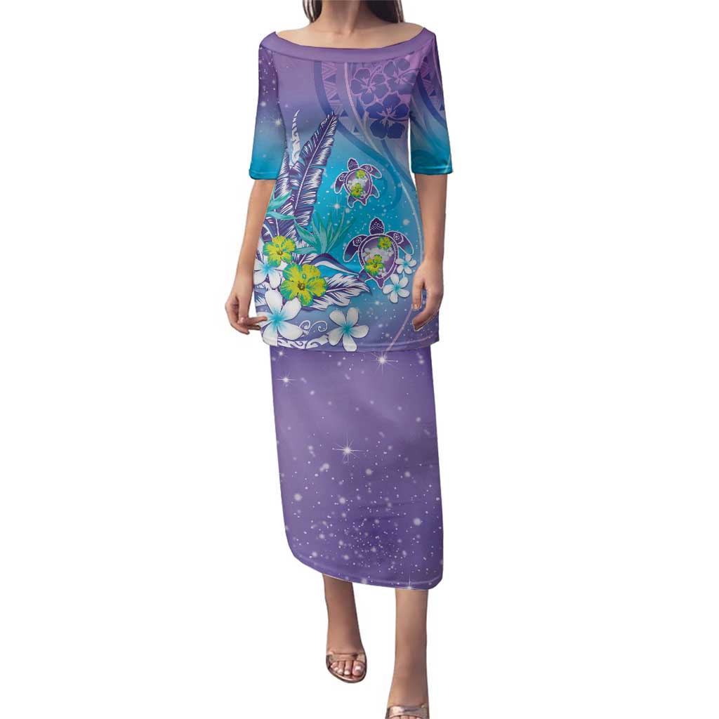 Hawaii Honu Family Matching Puletasi and Hawaiian Shirt Tropical Flowers Purple Gradient