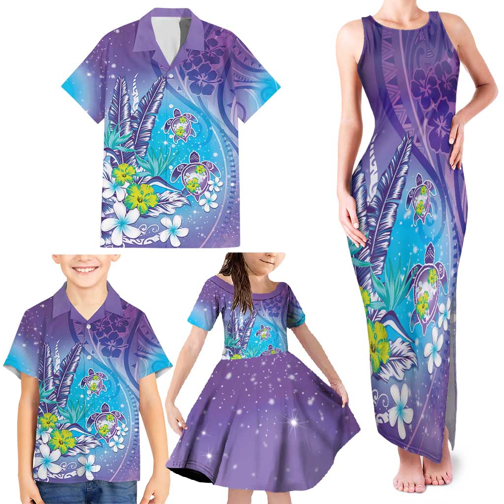 Hawaii Honu Family Matching Tank Maxi Dress and Hawaiian Shirt Tropical Flowers Purple Gradient