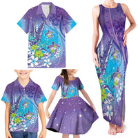 Hawaii Honu Family Matching Tank Maxi Dress and Hawaiian Shirt Tropical Flowers Purple Gradient