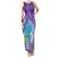 Hawaii Honu Family Matching Tank Maxi Dress and Hawaiian Shirt Tropical Flowers Purple Gradient