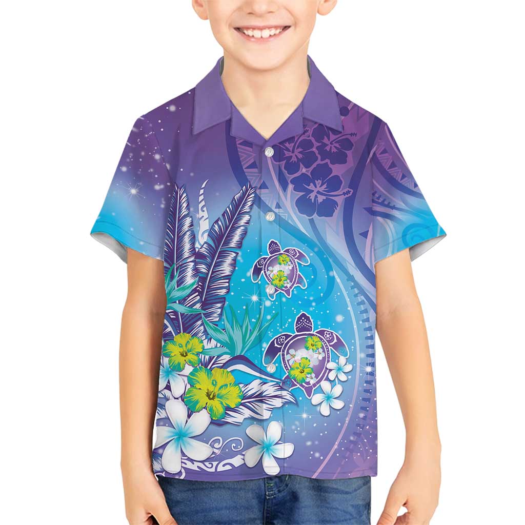 Hawaii Honu Family Matching Tank Maxi Dress and Hawaiian Shirt Tropical Flowers Purple Gradient