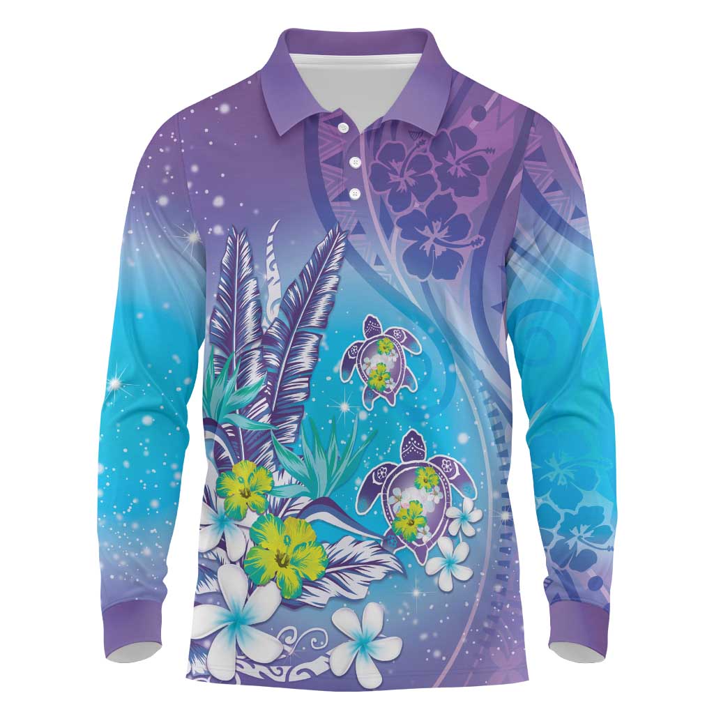 Hawaii Honu Long Sleeve Polo Shirt Tropical Flowers Purple Gradient LT05 Purple - Polynesian Pride